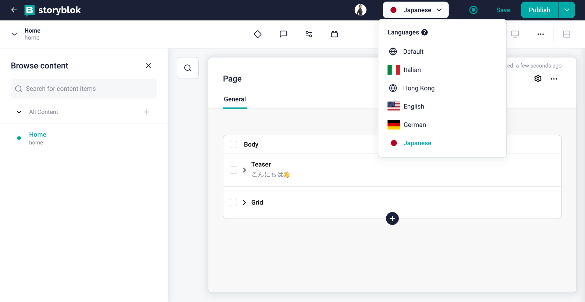 A screenshot of Storyblok UI displaying default, Italian, Hong Kong, English, German and Japanese language options to switch different localized home page in one content tree of home page