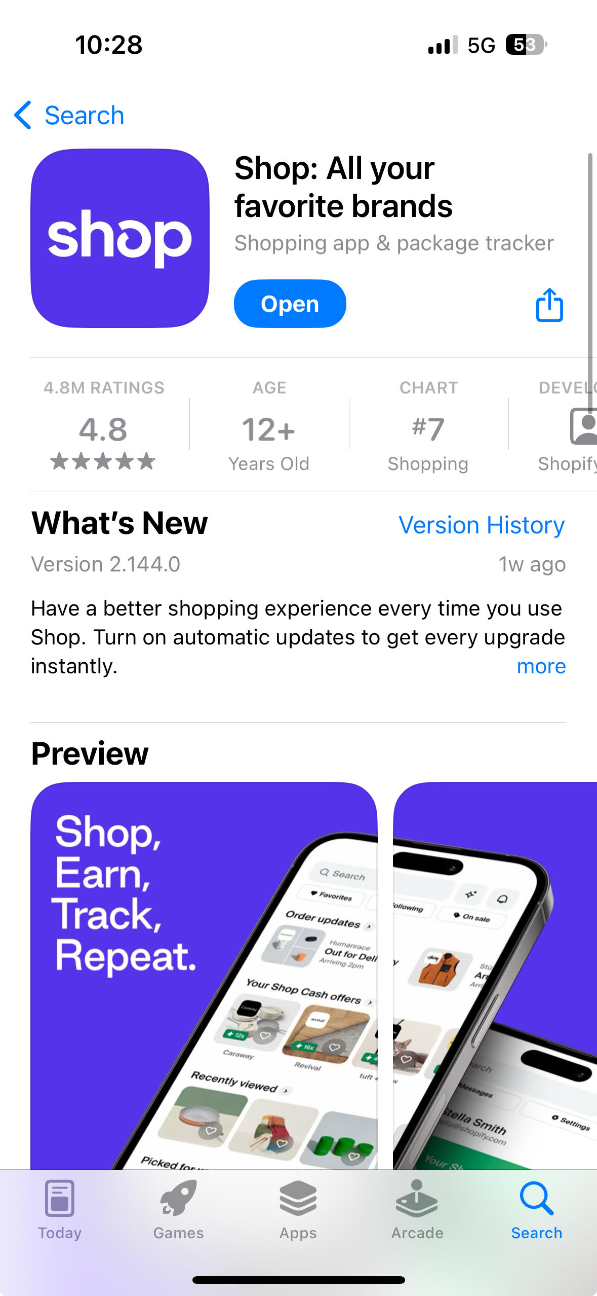 Shop app on Apple Play Store. Title says 'Shop: All your favorite brands'